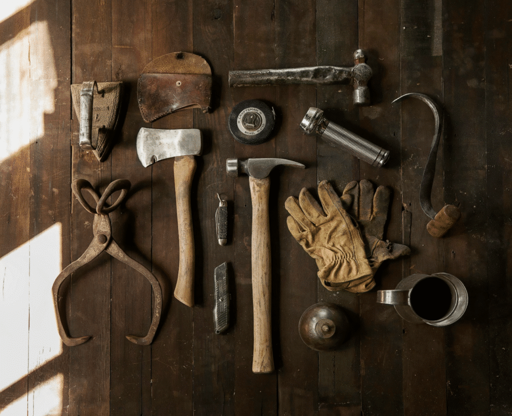 image Assorted vintage tools and work gloves on rustic wooden table, including axe, hammer, and pruning shears. | Sky Rye Design Assorted vintage tools and work gloves on rustic wooden table, including axe, hammer, and pruning shears.