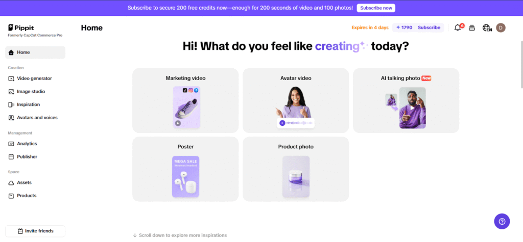 image Pippit dashboard offering video, avatar, AI photo creation tools with subscription offer for free credits. | Sky Rye Design Pippit dashboard offering video, avatar, AI photo creation tools with subscription offer for free credits.