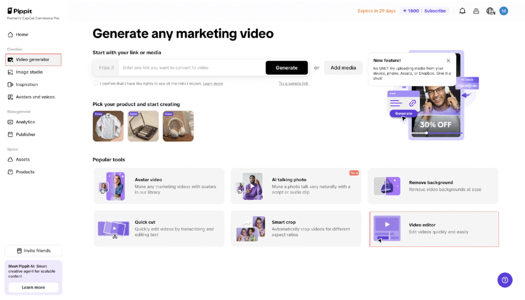 Screenshot of Pippit marketing video generator dashboard with AI tools and editing features.