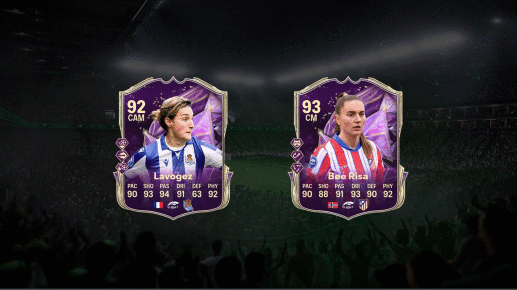 Soccer player cards: Lavogez and Bøe Risa with stats and team logos in a virtual stadium setting.