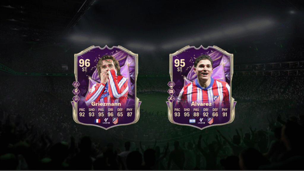 FIFA 23 player cards: Griezmann and Alvarez with high ratings in a stadium spotlight.