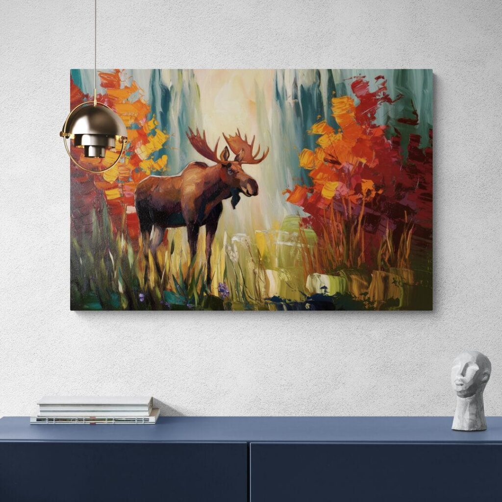 Painting of a moose in a vibrant autumn forest, set on a minimalist wall with modern decor.