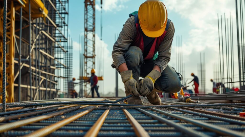 image1 Construction worker tying rebar on site, surrounded by scaffolding and cranes, wearing safety gear. | Sky Rye Design Construction worker tying rebar on site, surrounded by scaffolding and cranes, wearing safety gear.