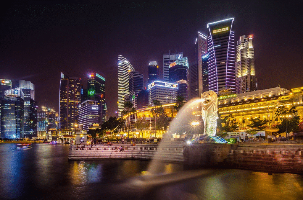 image1 Singapore skyline at night with Merlion Park and vibrant city lights reflecting on the water. | Sky Rye Design Singapore skyline at night with Merlion Park and vibrant city lights reflecting on the water.