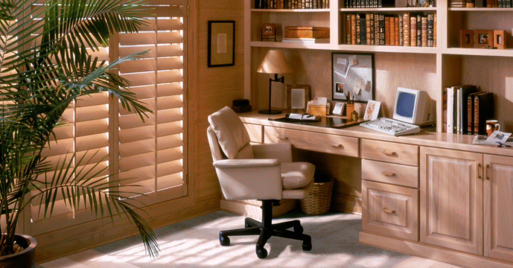 image1 Cozy home office with wooden desk, swivel chair, vintage computer, and shelves of books. Sunlight streams through shutters. | Sky Rye Design Cozy home office with wooden desk, swivel chair, vintage computer, and shelves of books. Sunlight streams through shutters.
