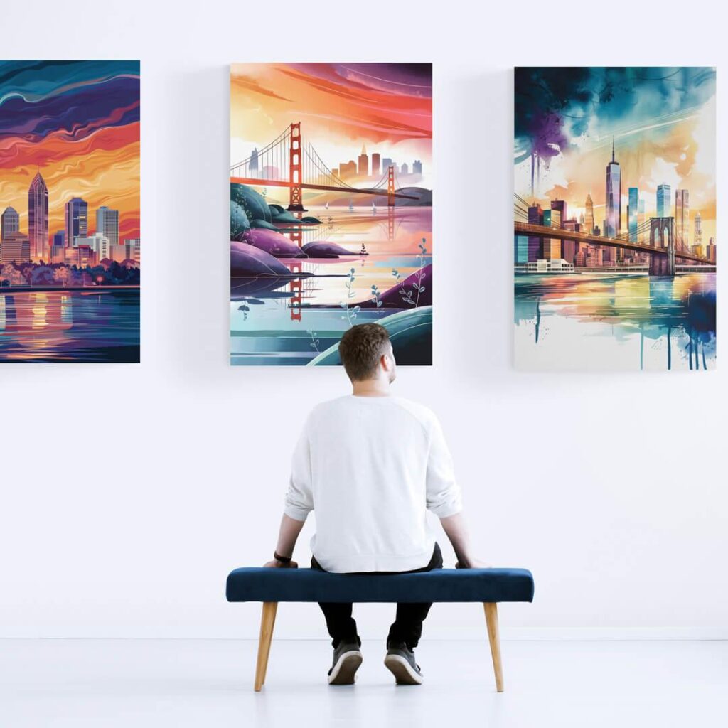 Man admiring vibrant cityscape paintings in a gallery.