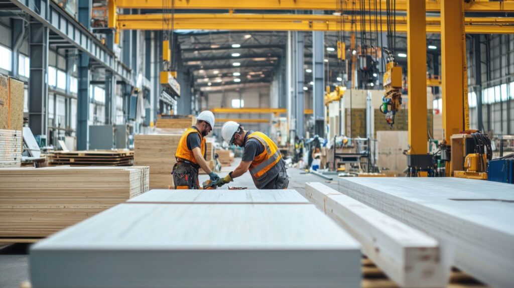 Workers wearing safety gear in a modern manufacturing facility, handling wooden materials.