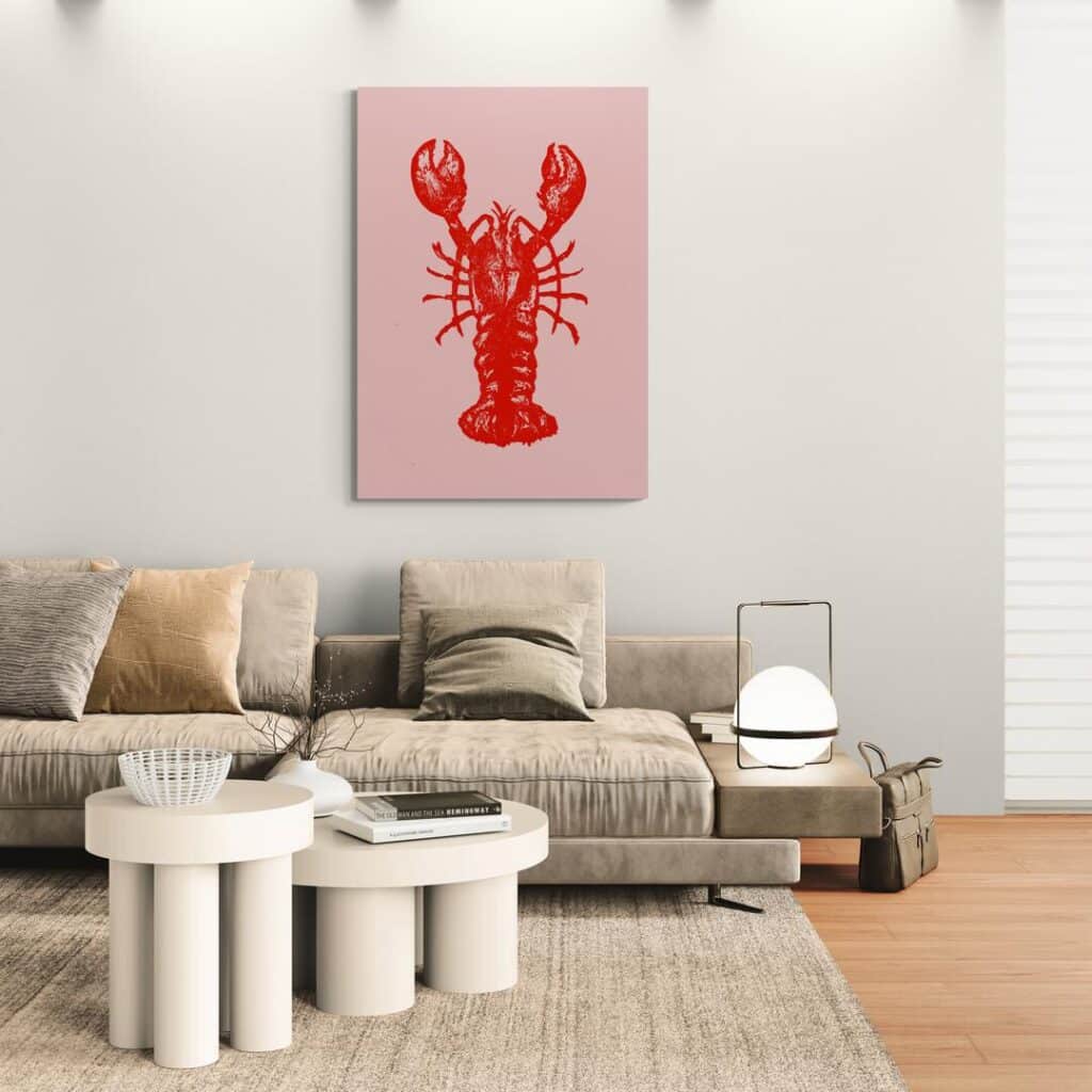 Modern living room with a red lobster art piece, cozy beige sofa, and stylish round coffee tables.