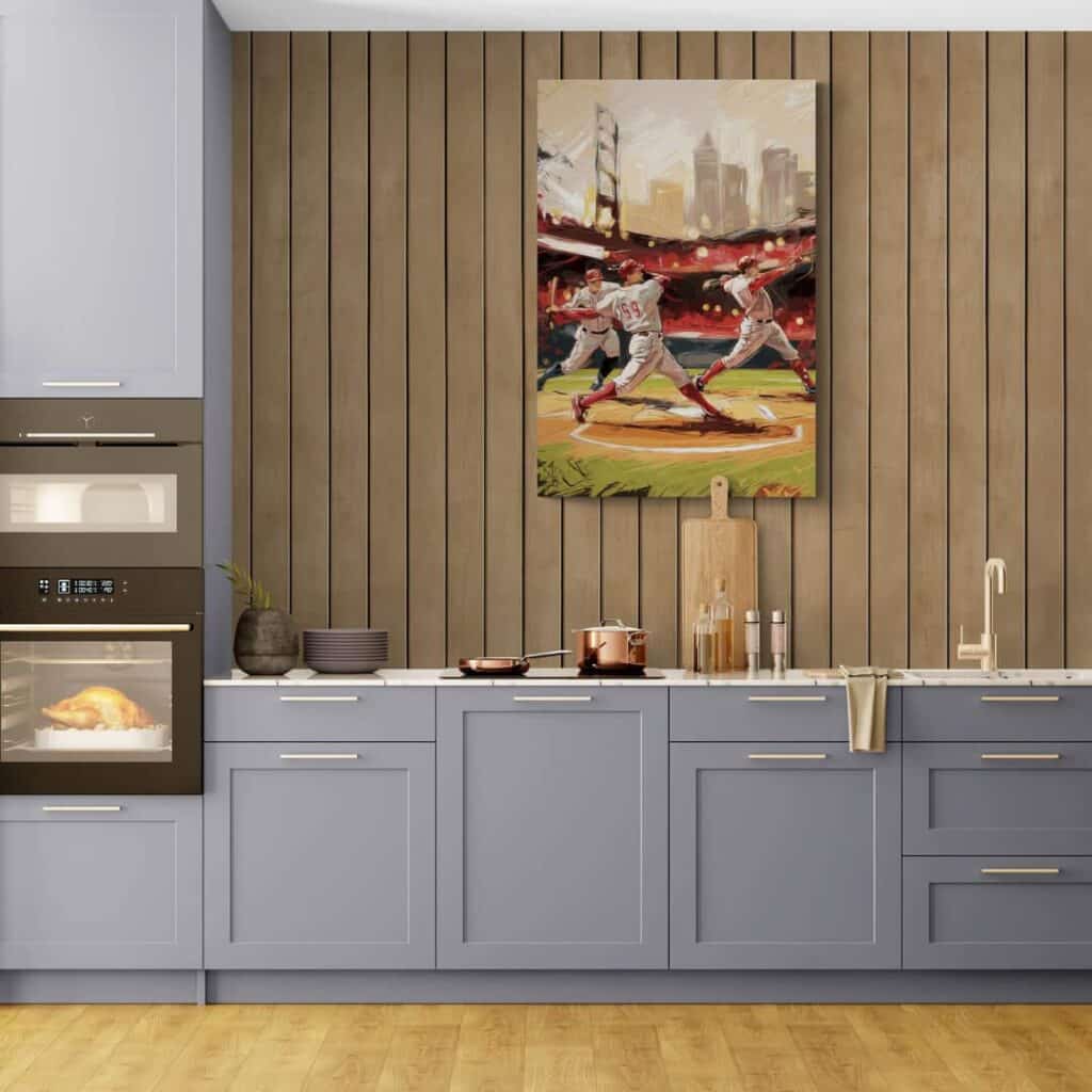 Modern kitchen with gray cabinets, built-in oven, and baseball-themed artwork on wooden walls.