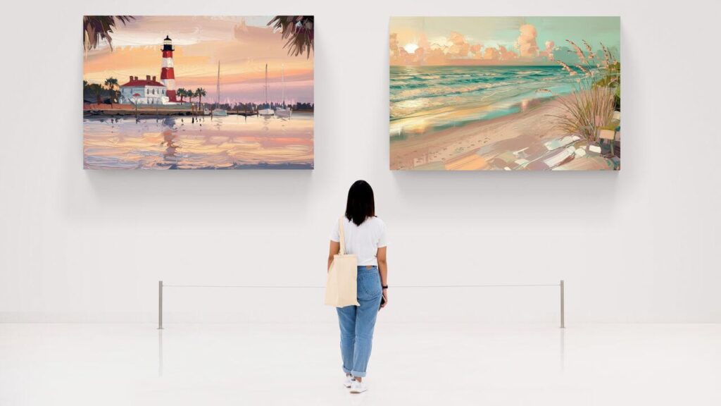 image7 Person admiring coastal paintings in a gallery, featuring a lighthouse and a serene beach scene. | Sky Rye Design Person admiring coastal paintings in a gallery, featuring a lighthouse and a serene beach scene.