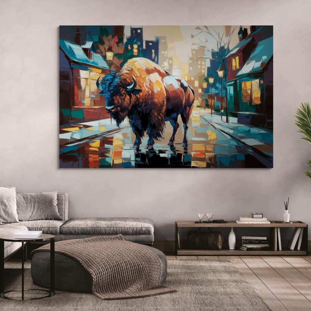 Colorful bison artwork in urban setting, displayed in modern living room with cozy decor.