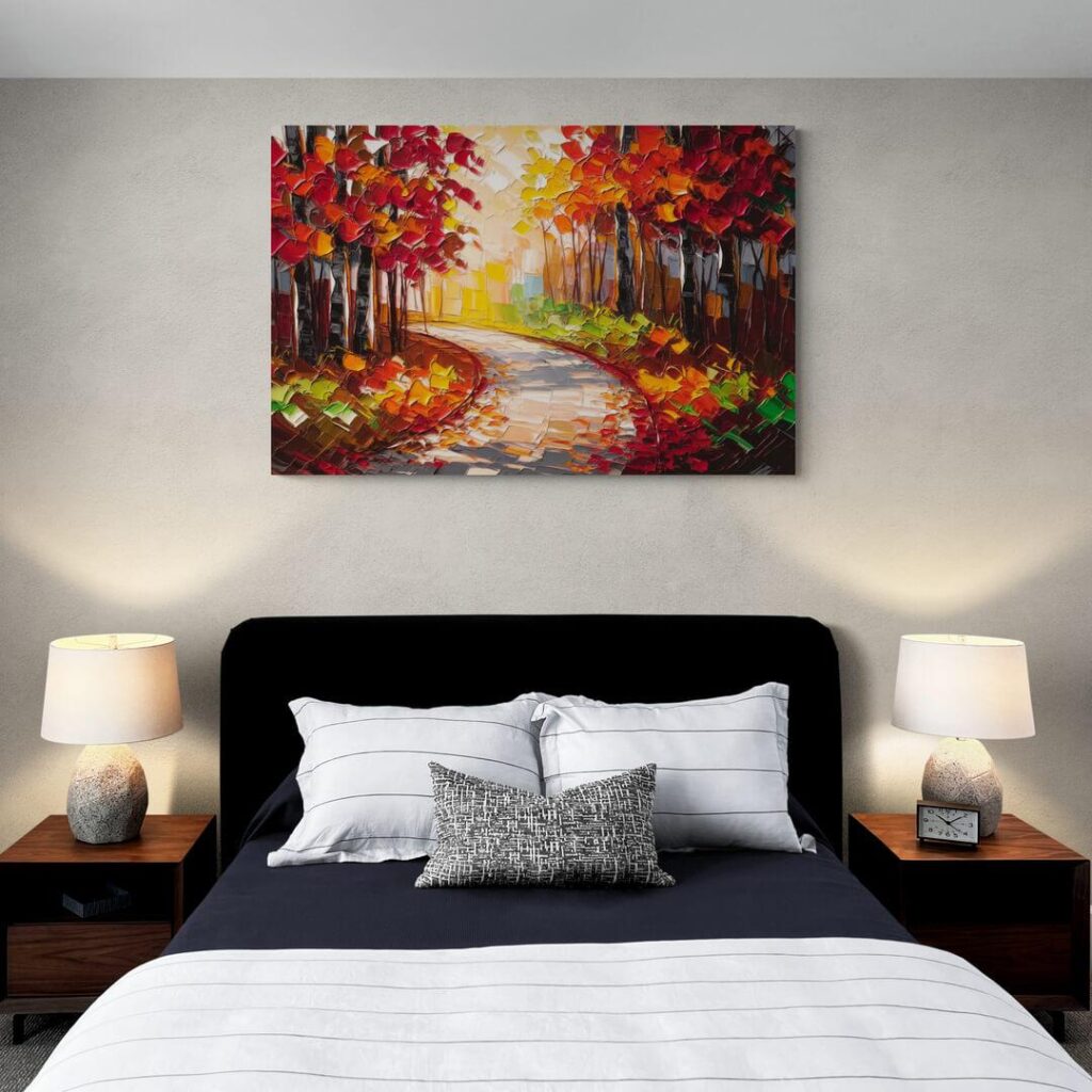 image9 Bedroom with cozy double bed, abstract autumn path artwork on wall, and bedside lamps creating ambient lighting. | Sky Rye Design Bedroom with cozy double bed, abstract autumn path artwork on wall, and bedside lamps creating ambient lighting.
