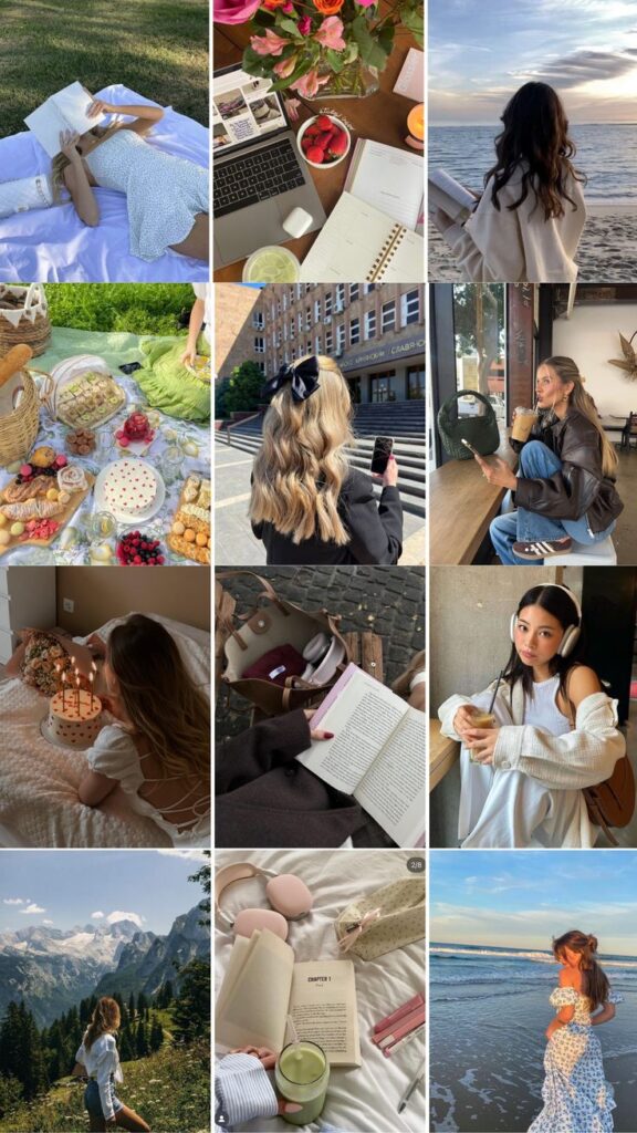 Collage of lifestyle moments: reading, beach scenes, picnics, coffee, and scenic views. Relaxation and adventure.