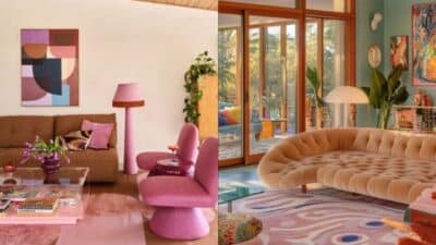 Colorful modern living room with playful decor, vibrant furniture, and abstract art for a cozy, stylish ambiance.