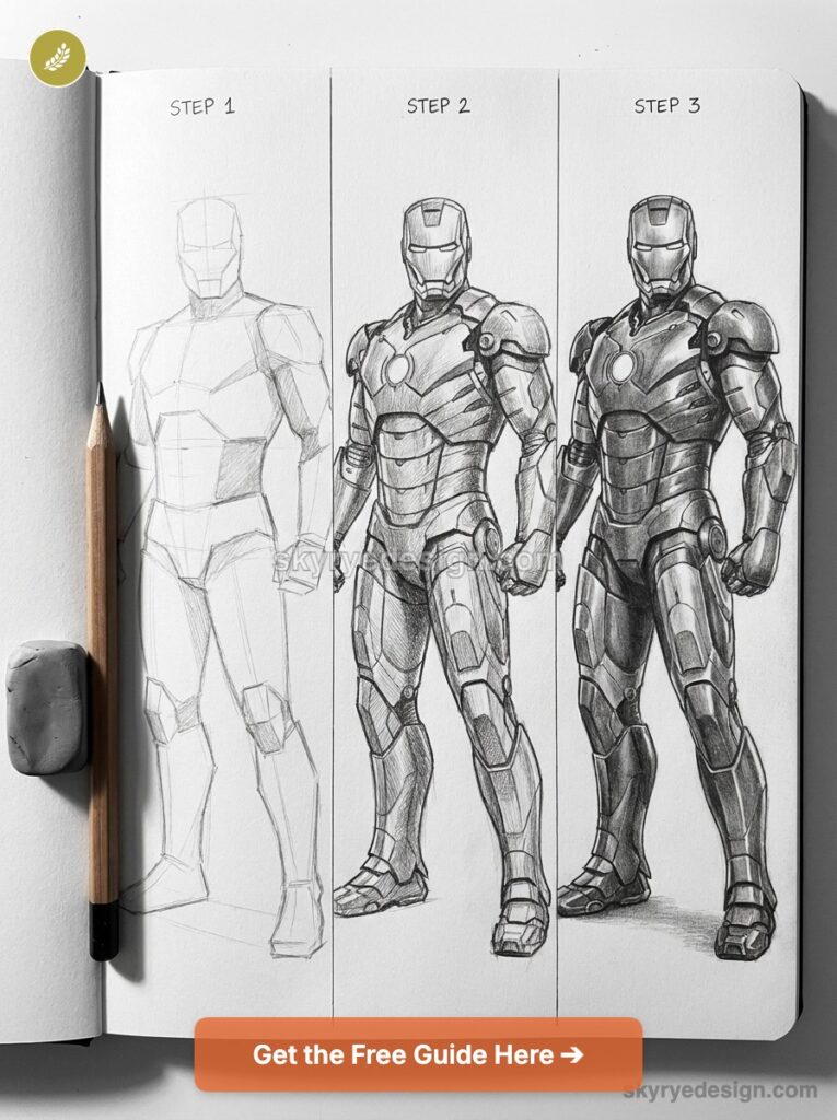 Iron Man-style 3-step pencil tutorial in sketchbook: outline, detailed shading, and final rendered armored superhero sketch