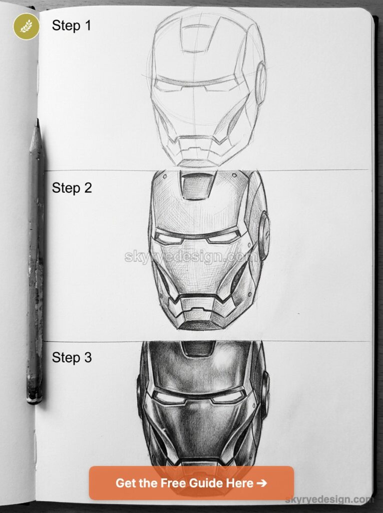 Three-step pencil drawing tutorial of Iron Man helmet on notebook page with pencil and guide button