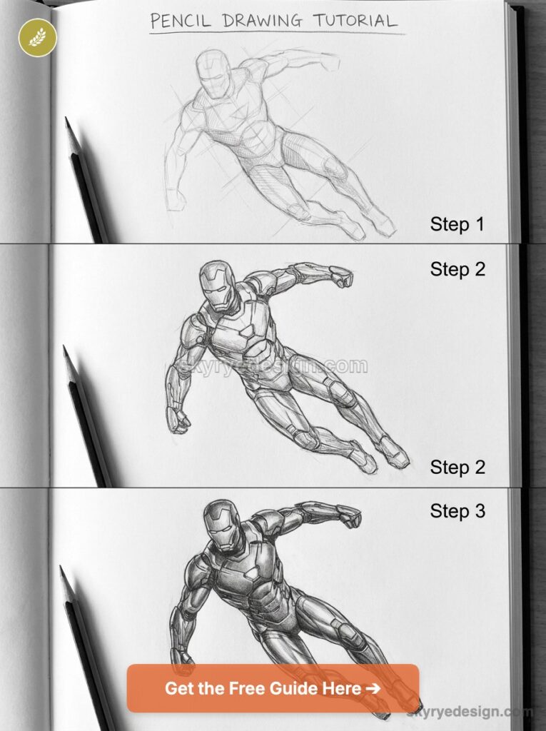 Pencil drawing tutorial showing three-step progression of an armored superhero sketch with pencil on a sketchbook