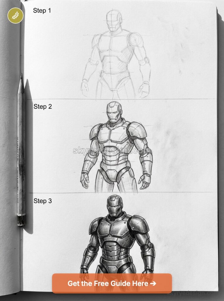 Three-step pencil tutorial: rough figure to detailed shaded armored superhero suit sketch in a sketchbook, pencil beside page