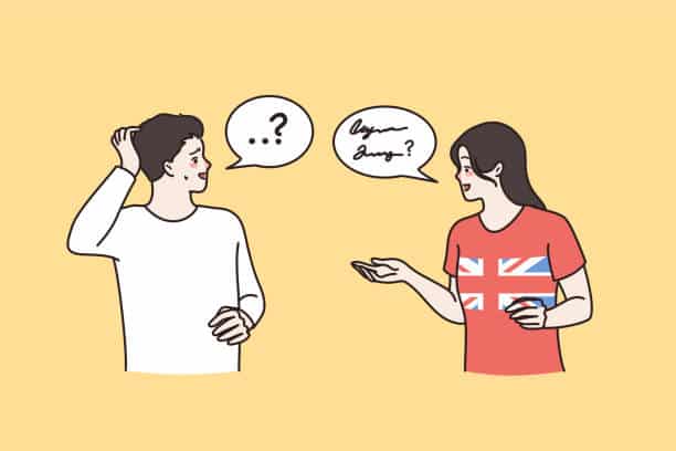 Two people communicating, one in a Union Jack shirt, illustrating language barriers on a yellow background.