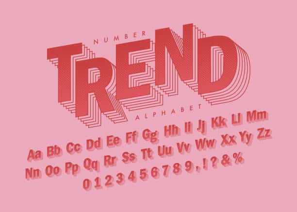 Stylized 3D red alphabet and numbers on pink background with 'TREND' in bold letters, modern graphic design.