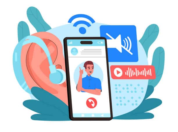 Smartphone displaying a video call with hearing aid icon; concept of communication technology for the hearing impaired.