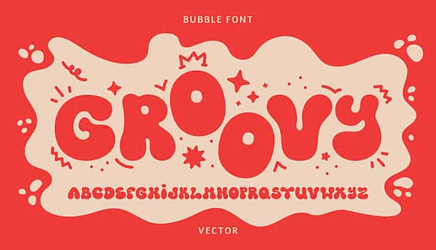 istockphoto-2210917970-612x612 Groovy bubble font design with playful letters and decorative elements on a red background, featuring full alphabet. | Sky Rye Design Groovy bubble font design with playful letters and decorative elements on a red background, featuring full alphabet.
