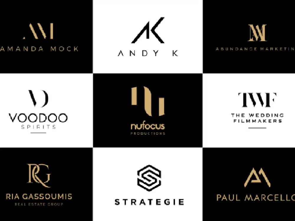 Nine elegant business logos in a sleek grid design, featuring companies like Voodoo Spirits and NuFocus Productions.