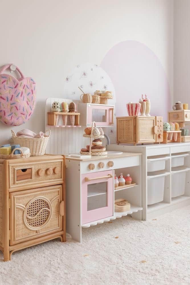 Kids' play kitchen in pastel colors with wicker cabinets and toy food, creating a cozy and inviting play space.