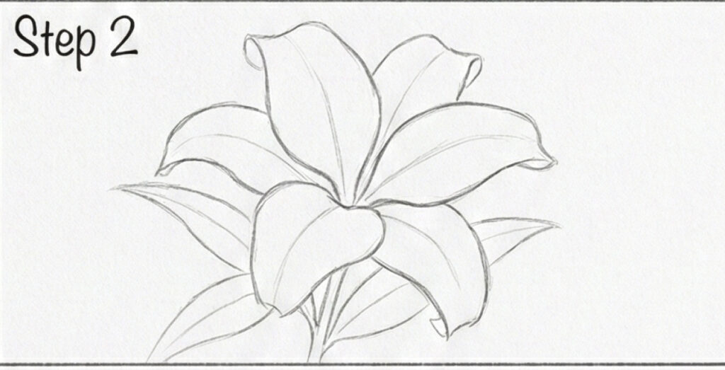 Flower drawing tutorial step 2: pencil sketch of a lily with layered petals and leaves