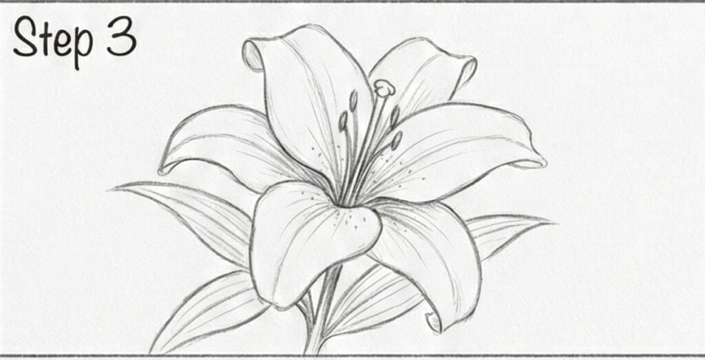 Pencil sketch of a lily with leaves — step 3 of a flower drawing tutorial showing shaded petals, stamens, and leaf details