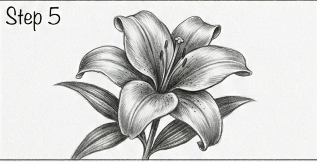 Pencil sketch of a blooming lily with leaves — step 5 of a black-and-white lily drawing tutorial