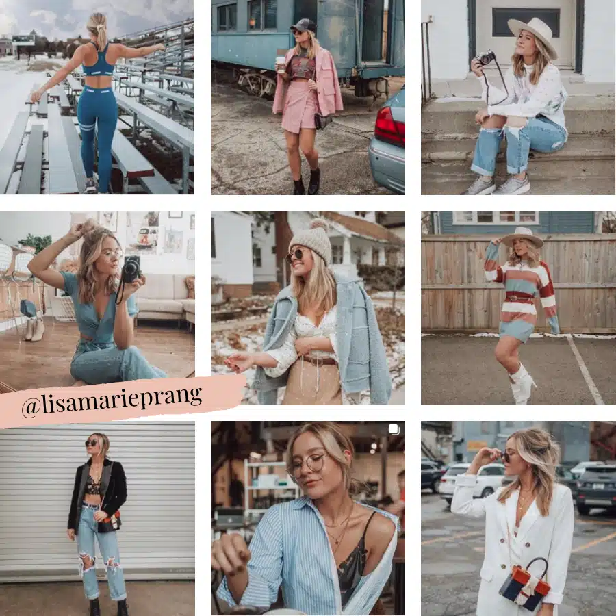 Fashionable woman showcasing diverse outfits in various settings, reflecting trendy seasonal styles.