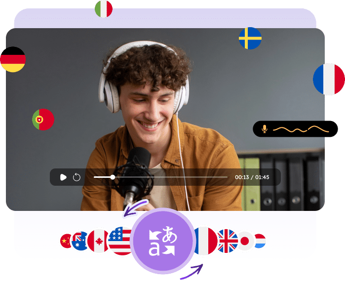 live Person with headphones recording a multilingual podcast, surrounded by global flags, emphasizing language diversity. | Sky Rye Design Person with headphones recording a multilingual podcast, surrounded by global flags, emphasizing language diversity.