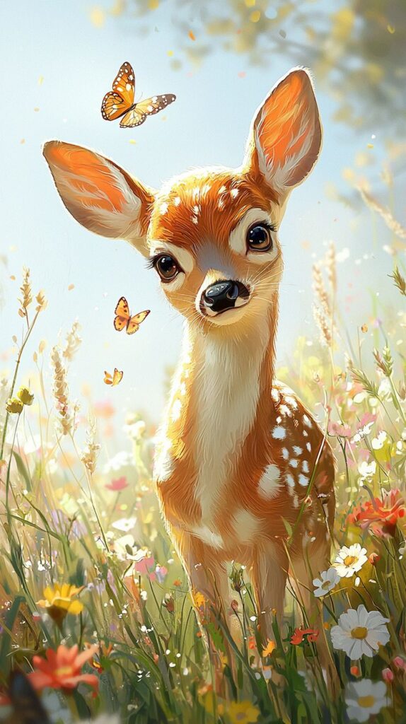 A cute fawn in a sunny meadow with butterflies and wildflowers, capturing a serene and whimsical nature scene.