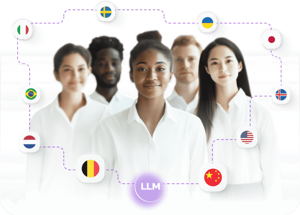 llm-solutions-multi-1-1 Diverse group of professionals linked by LLM with international flags, representing global collaboration. | Sky Rye Design Diverse group of professionals linked by LLM with international flags, representing global collaboration.