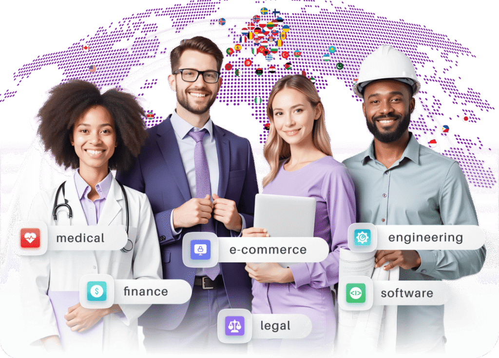 Diverse professionals in medical, finance, e-commerce, legal, engineering, and software fields with a map background.