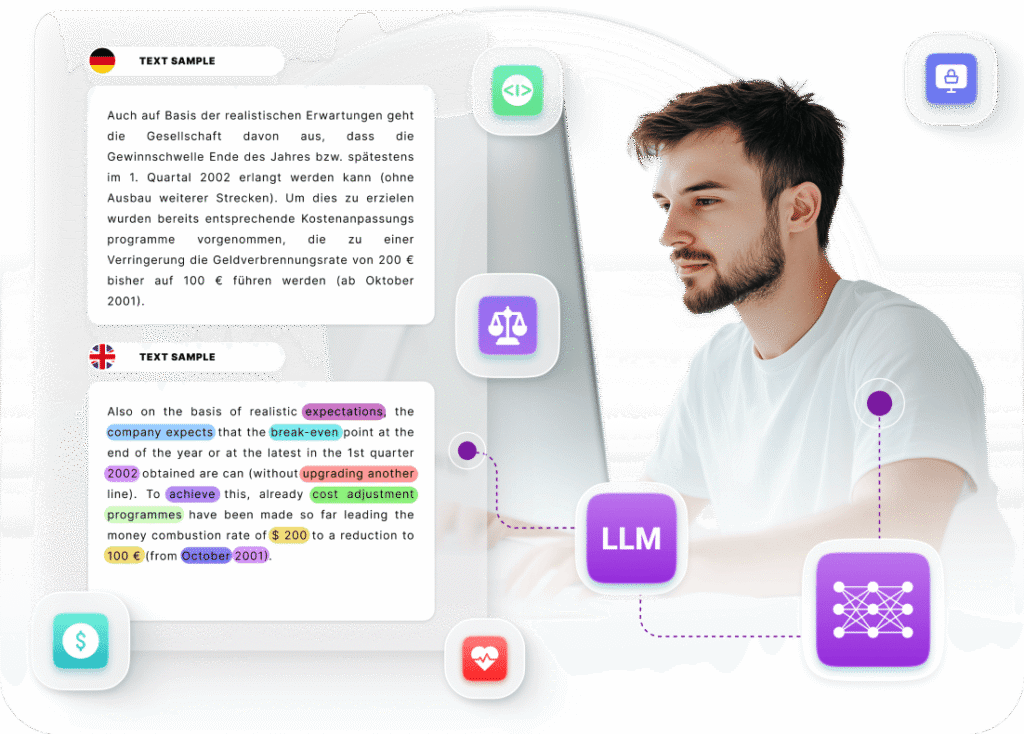 Man working at laptop with translation and language processing data visualization.
