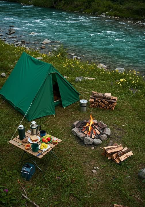 Green tent by a riverside with campfire and picnic setup, surrounded by grass and wildflowers; perfect camping scene.