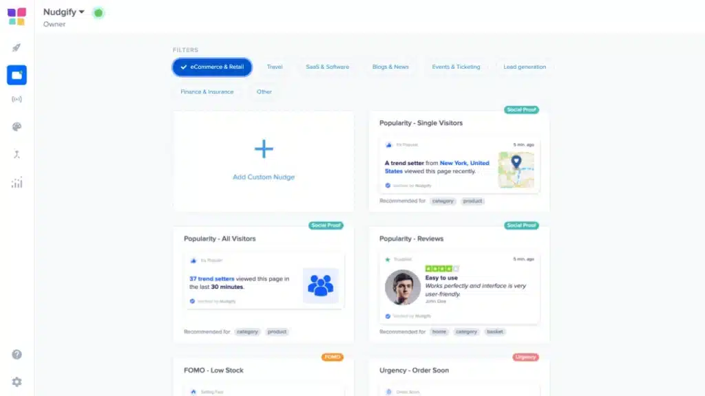 Dashboard displaying Nudgify's social proof and user engagement metrics for eCommerce and retail websites.