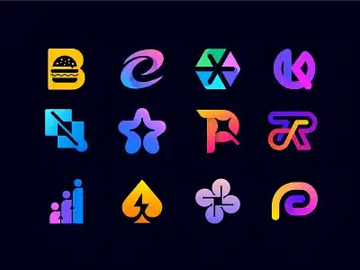 Colorful gradient icons set on a dark background, featuring food, graphs, and symbols.