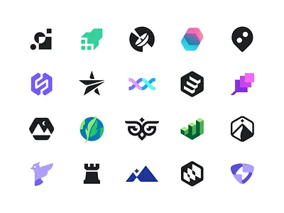 Collection of 20 creative and colorful geometric icons and logos on a white background.