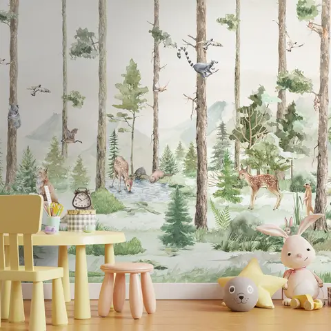 Children's playroom with woodland animal mural, stuffed toys, and a small table set with pencils and a clock.