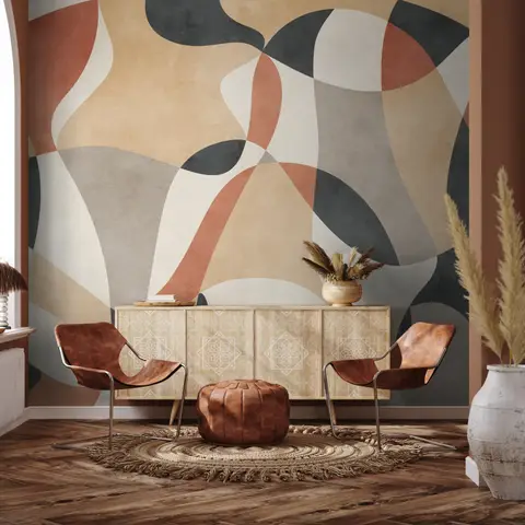 Modern living room with abstract wall art, leather chairs, and a jute rug for a cozy, stylish atmosphere.