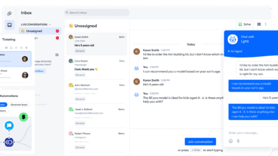 Customer support dashboard with live chat, ticketing, and AI assistance features displayed.