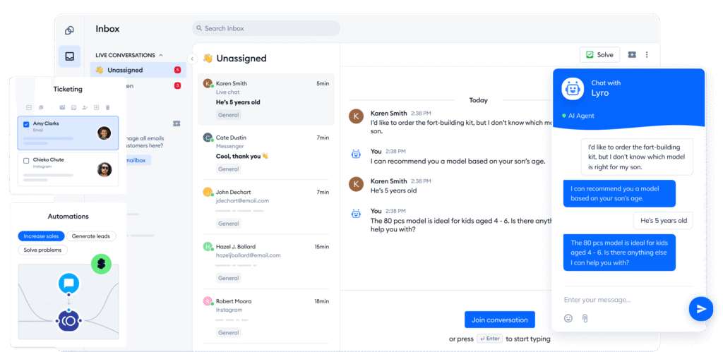 AI-powered customer support interface with live chat, ticketing, and automation features displayed.
