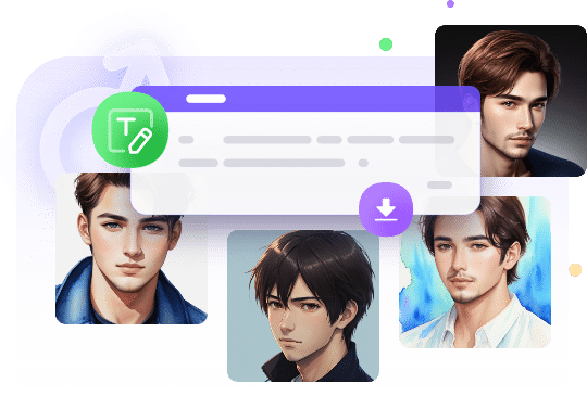 Digital art showcase featuring four diverse male portraits with text editing and download icons.