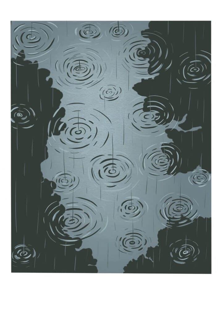 Illustration of rain creating circular ripples on water, surrounded by silhouetted trees, depicting a serene rainy day.