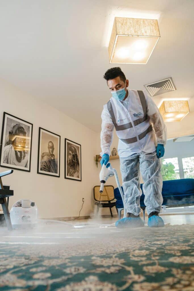 Technician in protective gear steam-cleaning a carpet in a modern living room for sanitation.