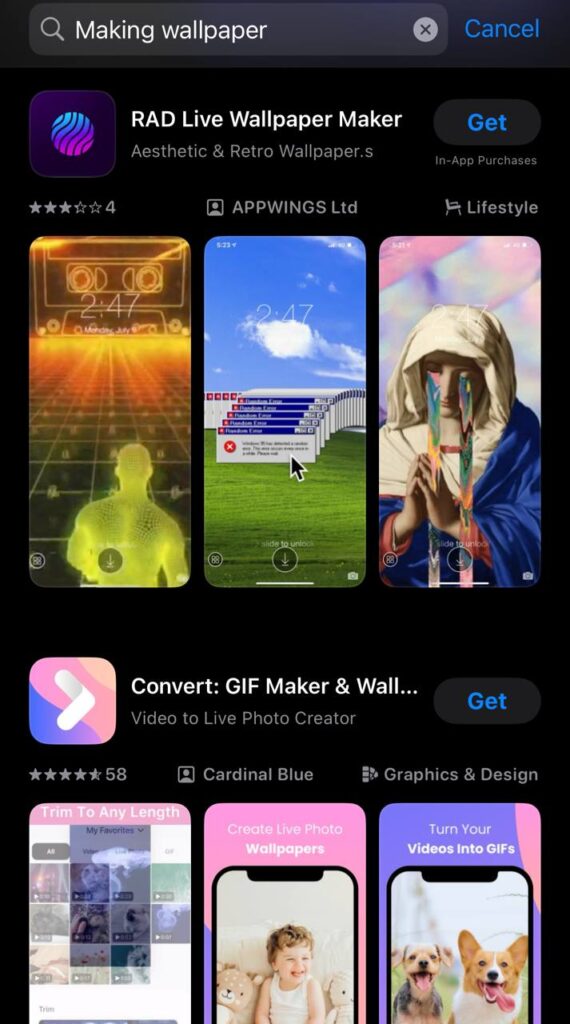 App Store search for wallpaper apps featuring RAD Live Wallpaper Maker and Convert: GIF Maker & Wallpaper.