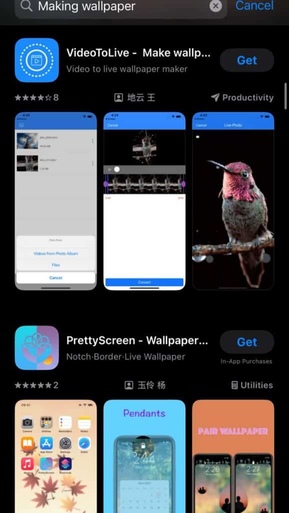 App store search results for apps to create live wallpapers from videos.
